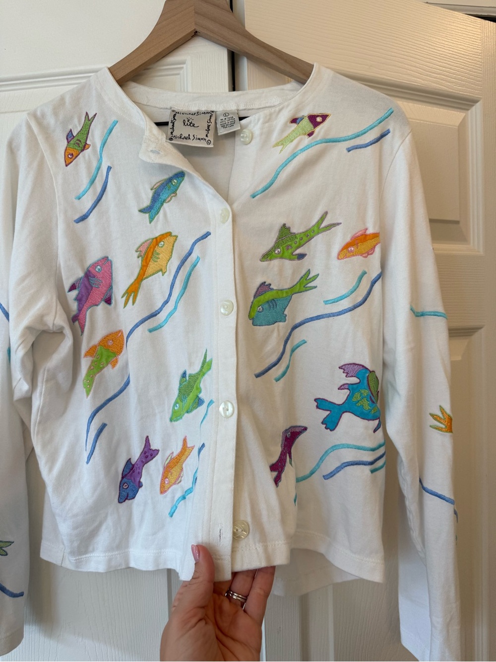 Michael Simon Fish Embroidered Cardigan 100% Cotton Colorful Coastal Sz S - Picture 6 of 9